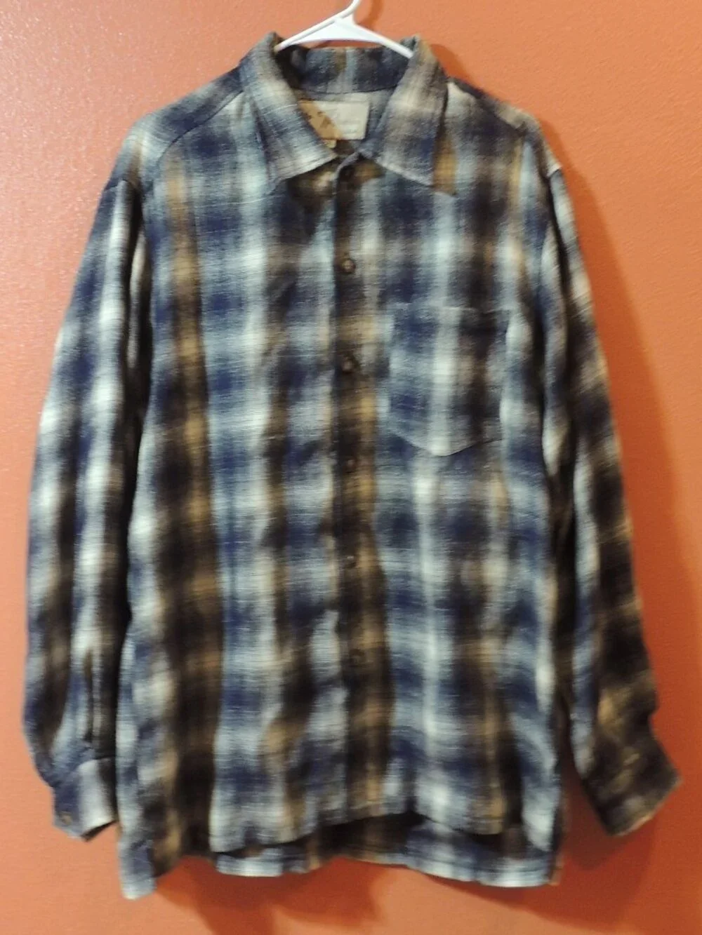 True Religion Shirt Men X Large Blue Tan Pocket Camping Hiking Button Down Shirt